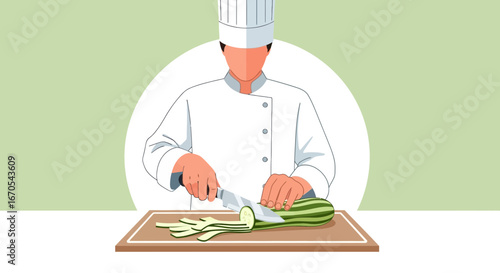 Professional Chef Slicing Fresh Zucchini on Wooden Cutting Board in Kitchen