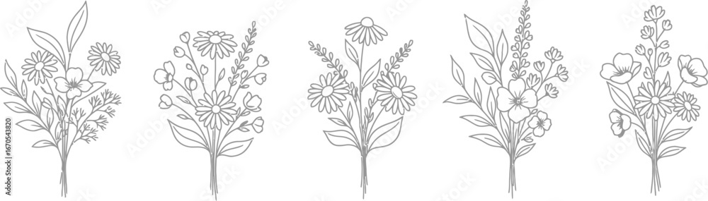 custom made wallpaper toronto digitalFlower Doodle Bouquet Vector Set - Black and White Contour Drawing