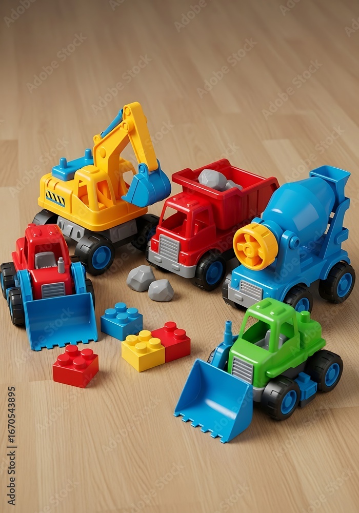 Fototapeta premium Colorful Toy Construction Vehicles on Wooden Surface.