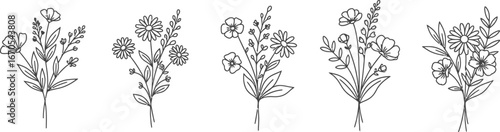 Flower Doodle Bouquet Vector Set - Black and White Contour Drawing