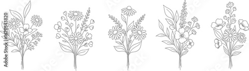 Wallpaper Mural Flower Doodle Bouquet Vector Set - Black and White Contour Drawing Torontodigital.ca