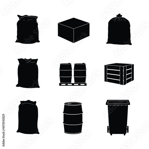 Collection of various containers including bags, boxes, barrels, and bins, all in a dark silhouette, showcasing bulk goods silhouette for storage and transport