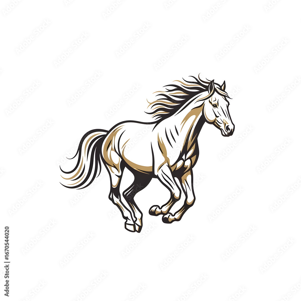 Obraz premium Elegant Running Horse: Equestrian Art, Palomino, Stallion, Graphic Design Element, Vector Illustration, Animal Print, White Horse, Brown Horse