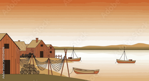 Serene Coastal Village Scene with Fishing Boats and Rustic Architecture