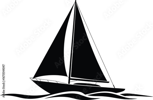 Black silhouette of a sailboat on choppy water with white background