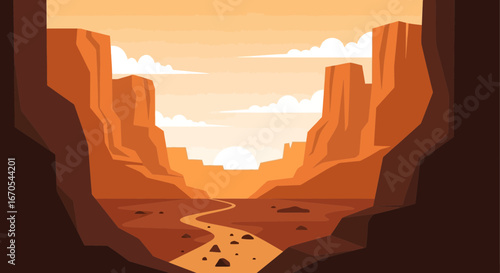 Serene Desert Canyon View At Sunset In Minimalist Style Illustration