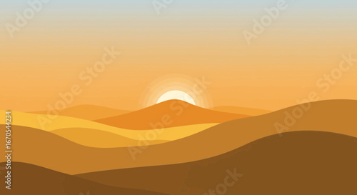 Serene Desert Landscape at Sunset with Rolling Dunes and Golden Light Over Horizon
