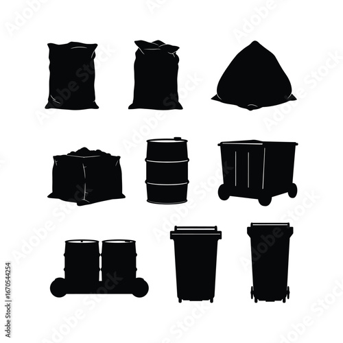 A versatile collection of industrial bulk goods silhouette icons, including sacks, barrels, and containers for logistics and design
