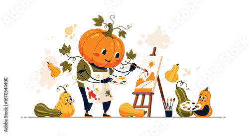 Wallpaper Mural Pumpkin Character Painting Autumn Scenery with Artistic Style and Happy Expression Torontodigital.ca