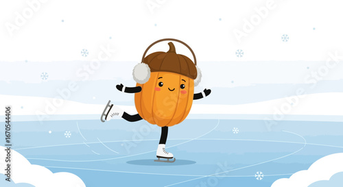 Pumpkin Character Skating on Ice in Winter Scene, Cute Holiday Illustration
