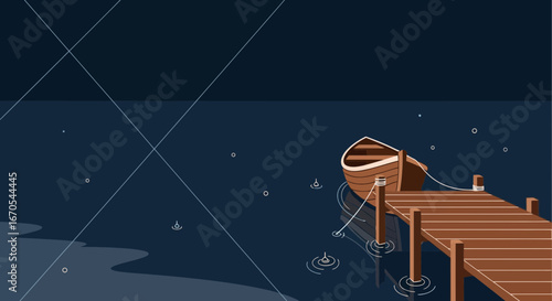 Serene Evening Scene Rowboat Docked Quietly Under Dark Sky And Still Waters