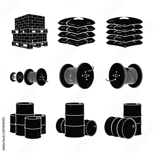 Diverse collection of essential bulk goods silhouette icons, showcasing industrial and commercial materials for storage, transport, and logistics applications