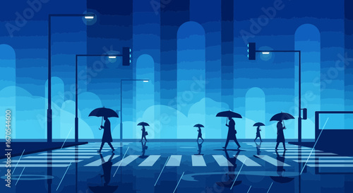 Rainy Urban Night Scene Featuring Silhouetted People Crossing Street With Umbrellas