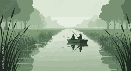 Serene Fishing Adventure Two Anglers Enjoying Tranquility On Calm River