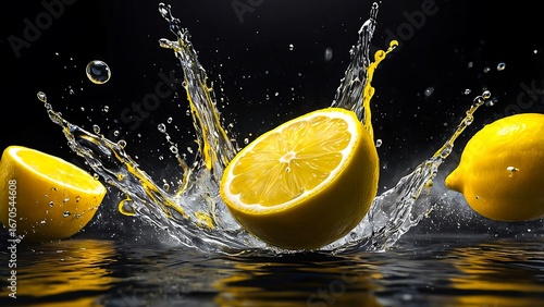 Fresh lemons splashing in water with dynamic water droplets