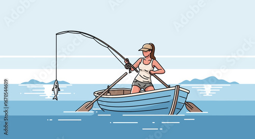 Serene Fishing Adventure Young Woman Enjoying a Peaceful Day on The Lake