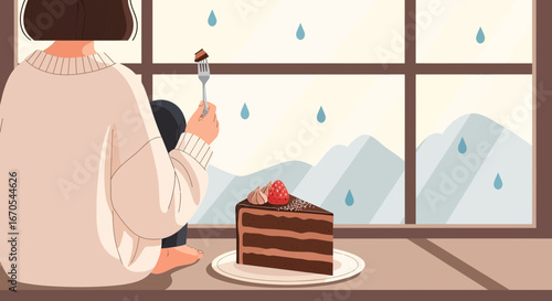 Rainy Day Delight a Slice of Chocolate Cake by the Window