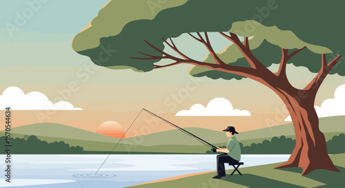 Serene Fishing At Sunset Man Sitting Under Tree By Peaceful Lake