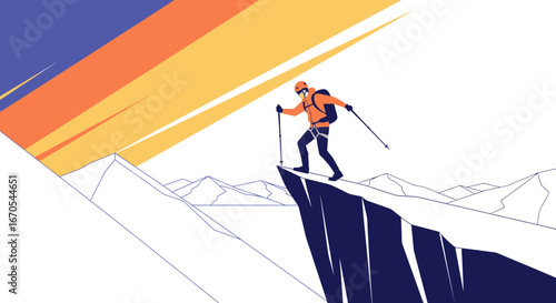 Reaching the Summit Person Conquering Mountain Peak at Colorful Sunset