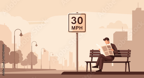 Reading Newspaper By Speed Limit Sign At Park Bench In The City