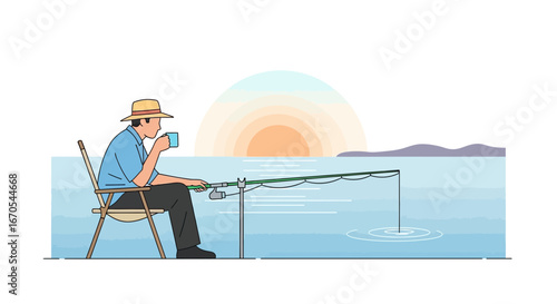 Serene Fishing Morning Man Enjoying The Sunrise With A Cup Of Coffee