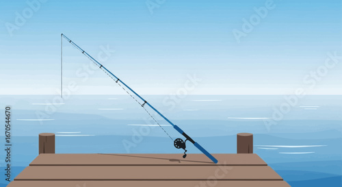 Serene Fishing Scene A Blue Rod Leans Against The Pier On A Clear Day