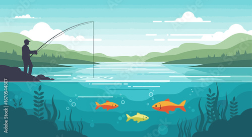 Serene fishing scene illustration with man angling by a calm lake with fish swimming below the water surface