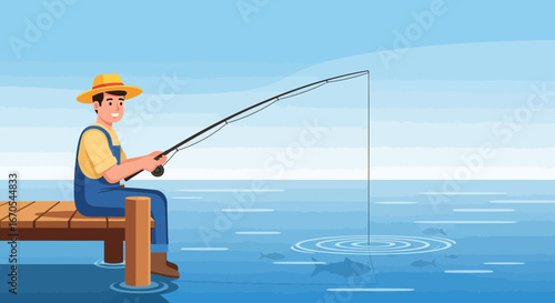 Serene Fishing Scene Man Sits on a Dock Relaxing with Fishing Pole on the Water