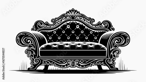 Illustration of an ornate black and white sofa with detailed carvings and button tufted upholstery |  editable eps vectors silhouette