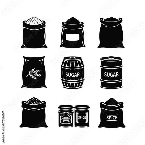 Bulk goods silhouette icons for packaging and labeling, perfect for representing agricultural products, spices, and sweeteners like sugar