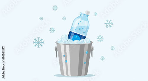 Refreshing Bottle of Water in Ice Bucket with Snowflakes Decoration