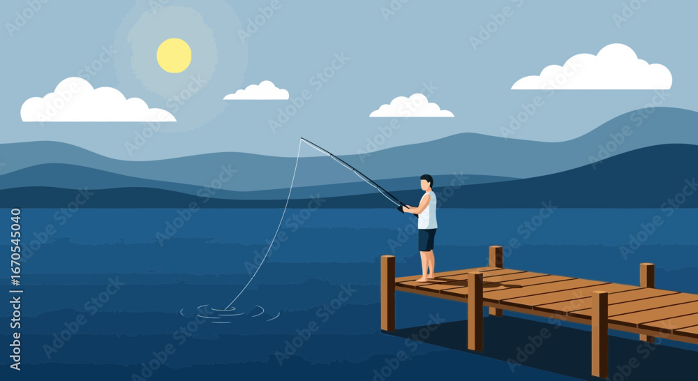 Naklejka premium Serene Fishing Trip On The Lake From The Dock Pier Under The Sunny Sky