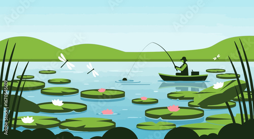 Serene Fishing Trip Amidst Lily Pads Tranquil Lakeside Vector Scene