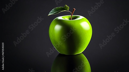 Vibrant green apple with a single leaf on a dark reflective surface