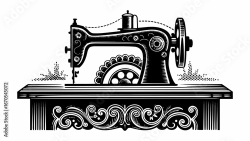 Illustration of a vintage sewing machine with decorative elements on a table in black and white style |  editable eps vectors silhouette