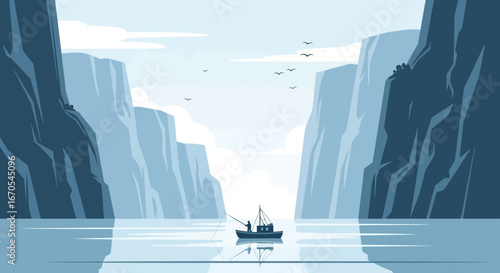 Serene fjord landscape illustration featuring a lone fisherman on a small boat amid towering cliffs with a minimalist design aesthetic