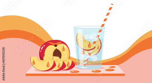 Refreshing Peach Infused Water With a Striped Straw On Pastel Background