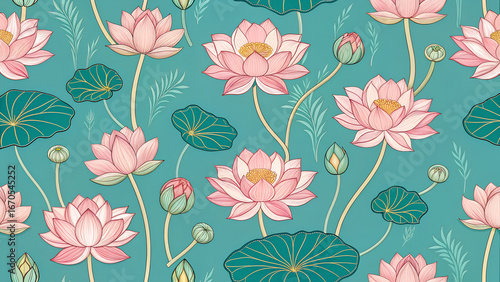 A seamless pattern with pichwai style lotus arranged in a tile-style repeat on a turquoise background. It can be used for printing on various surfaces like textiles and paper or digital work as well.	