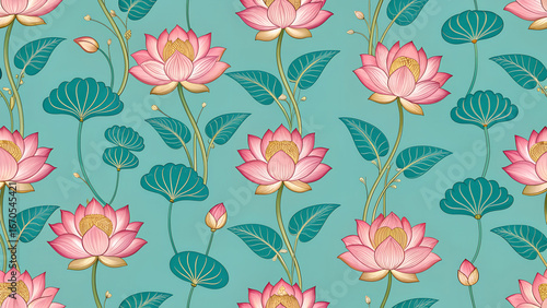 A seamless pattern with pichwai style lotus arranged in a tile-style repeat on a turquoise background. It can be used for printing on various surfaces like textiles and paper or digital work as well.	
