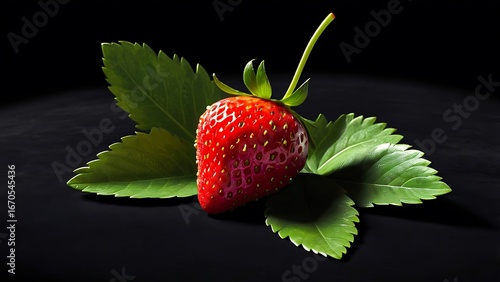 Single ripe strawberry with green leaves on a dark background