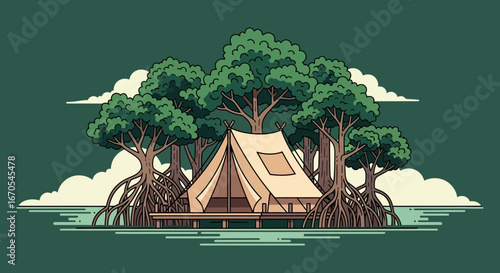 Serene Glamping Escape Tent Amidst Mangrove Trees Minimalist Illustration
