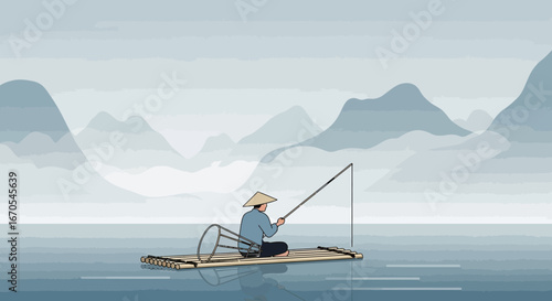 Serene Illustration of a Fisherman on a Bamboo Raft Amidst Misty Mountains and Waters