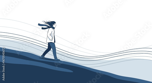 Serene Individual Strolling on Abstract Coastline With Windswept Scarf and Hair