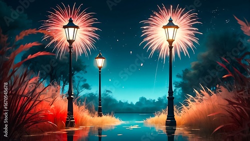 Magical night scene with fireworks and streetlights reflected in water