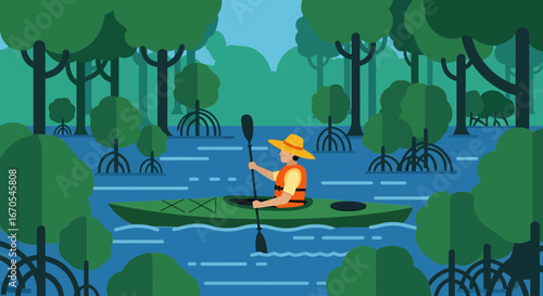 Serene Kayaking Adventure Through Mangrove Forest on Calm Waterscape