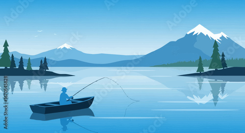 Serene lake fishing scene with a solitary boatman amidst tranquil mountains and trees