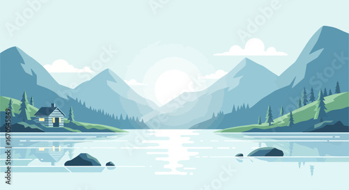 Serene Lake Landscape With Mountains And A Cabin Vector Graphic