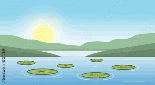 Serene Lake Landscape With Lily Pads Under A Gentle Sunlight Glow
