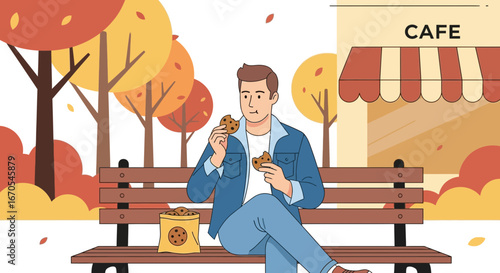Relaxing Autumn Scene Man Enjoying Cookies On a Park Bench By a Cafe