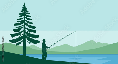 Serene Lake Scene Angler Casting Line Amidst Evergreen Trees And Distant Mountains